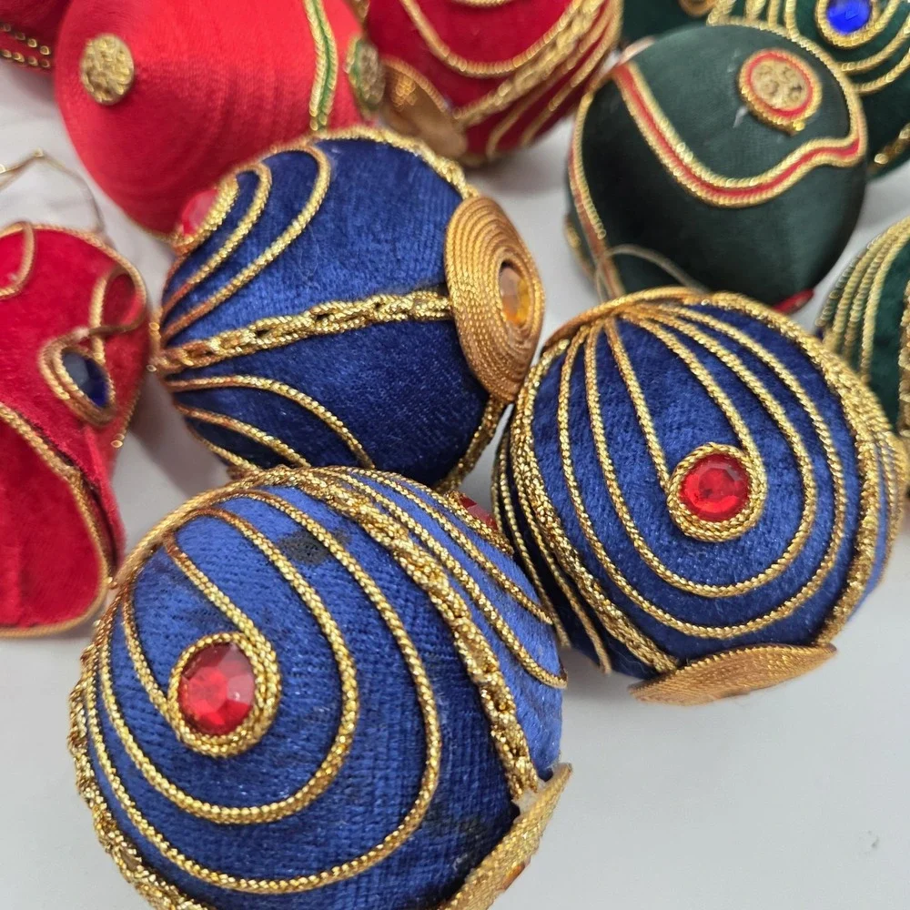 Vintage Large Blue Red Green Satin Gold Christmas Tree Ornament Ball Decoration